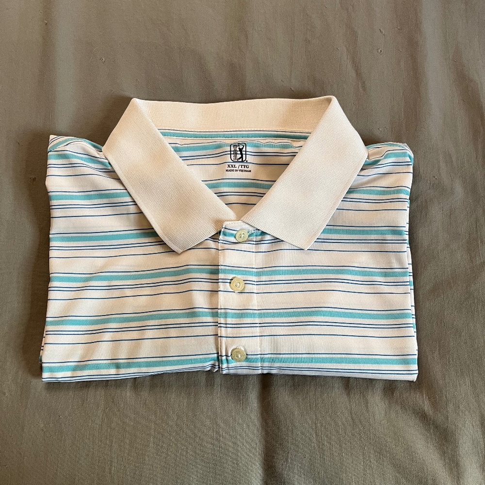 PGA Tour Mens XXL Polo Short‎ Sleeve Golf Shirt Blue Striped